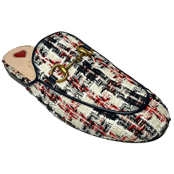 Gucci Princetown Tweed Horsebit Mules Navy Blue Red Logo Loafers EU 36 US 6 - Picture 1 of 8